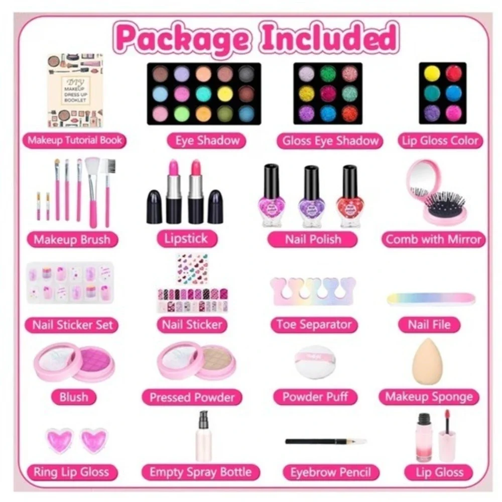 Hollyhi 58 Pcs Kids Makeup Kit for Girl Princess Toys Real Washable Cosmetic